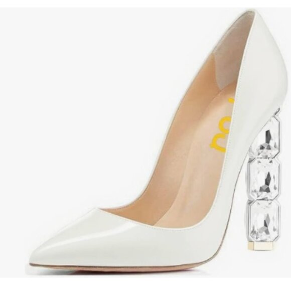 FSJ White Jeweled High Heel Pointed Toe Slip On Sparkling Crystal Bead Heel Pump - Picture 1 of 8